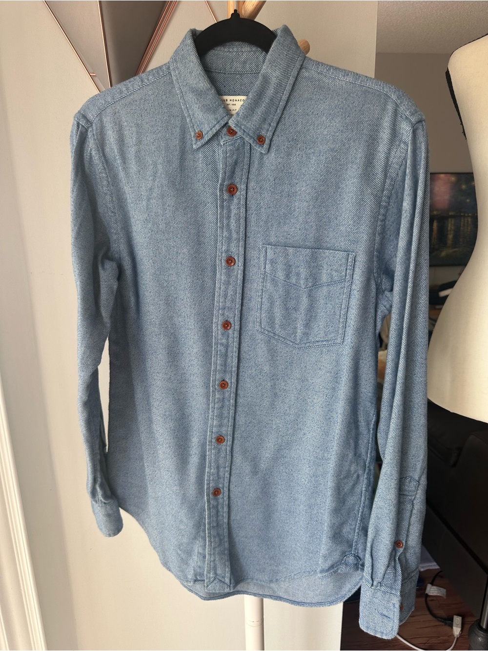 CLUB MONACO Men's Light Blue Button-Down Cotton Flannel Shirt Slim Fit Size XS